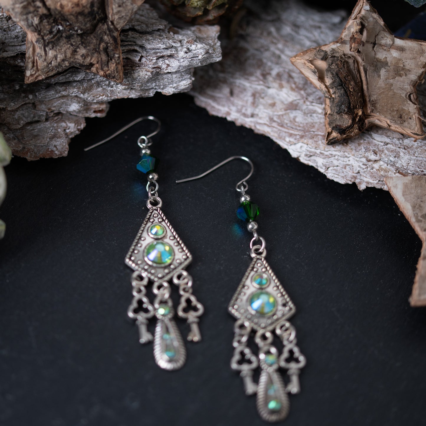 “CRYSTAL KEYS” – CHANDELIER EARRINGS - ANTIQUE SILVER