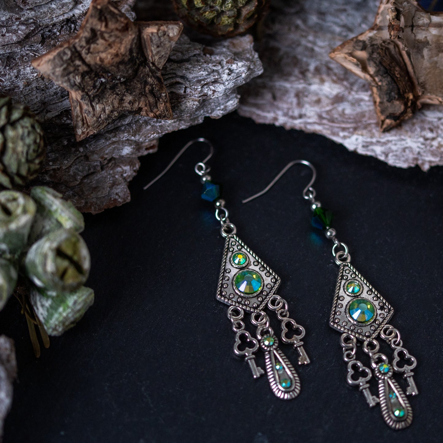“CRYSTAL KEYS” – CHANDELIER EARRINGS - ANTIQUE SILVER