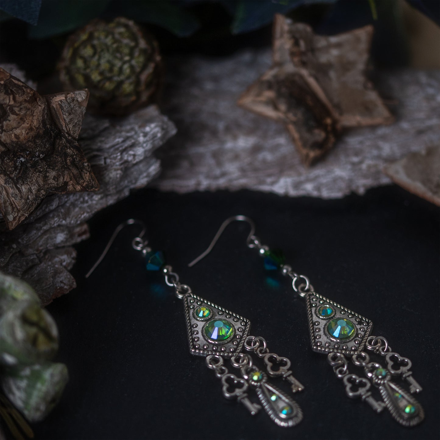 “CRYSTAL KEYS” – CHANDELIER EARRINGS - ANTIQUE SILVER