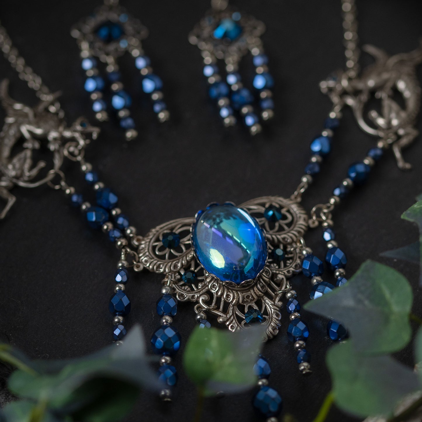 "DRAGON TREASURE" - HIGH FANTASY DRAGON JEWELRY SET - METALLIC BLUE - ANTIQUE SILVER