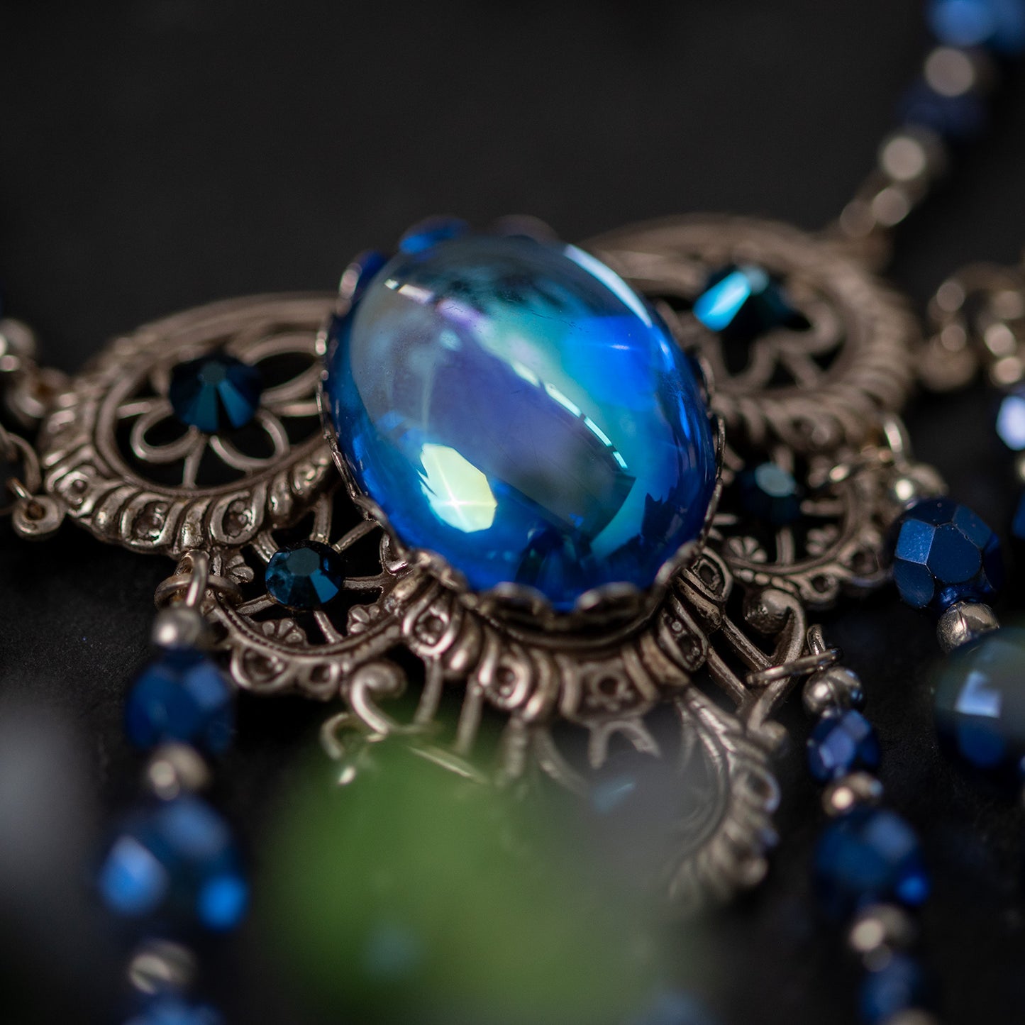 "DRAGON TREASURE" - HIGH FANTASY DRAGON JEWELRY SET - METALLIC BLUE - ANTIQUE SILVER