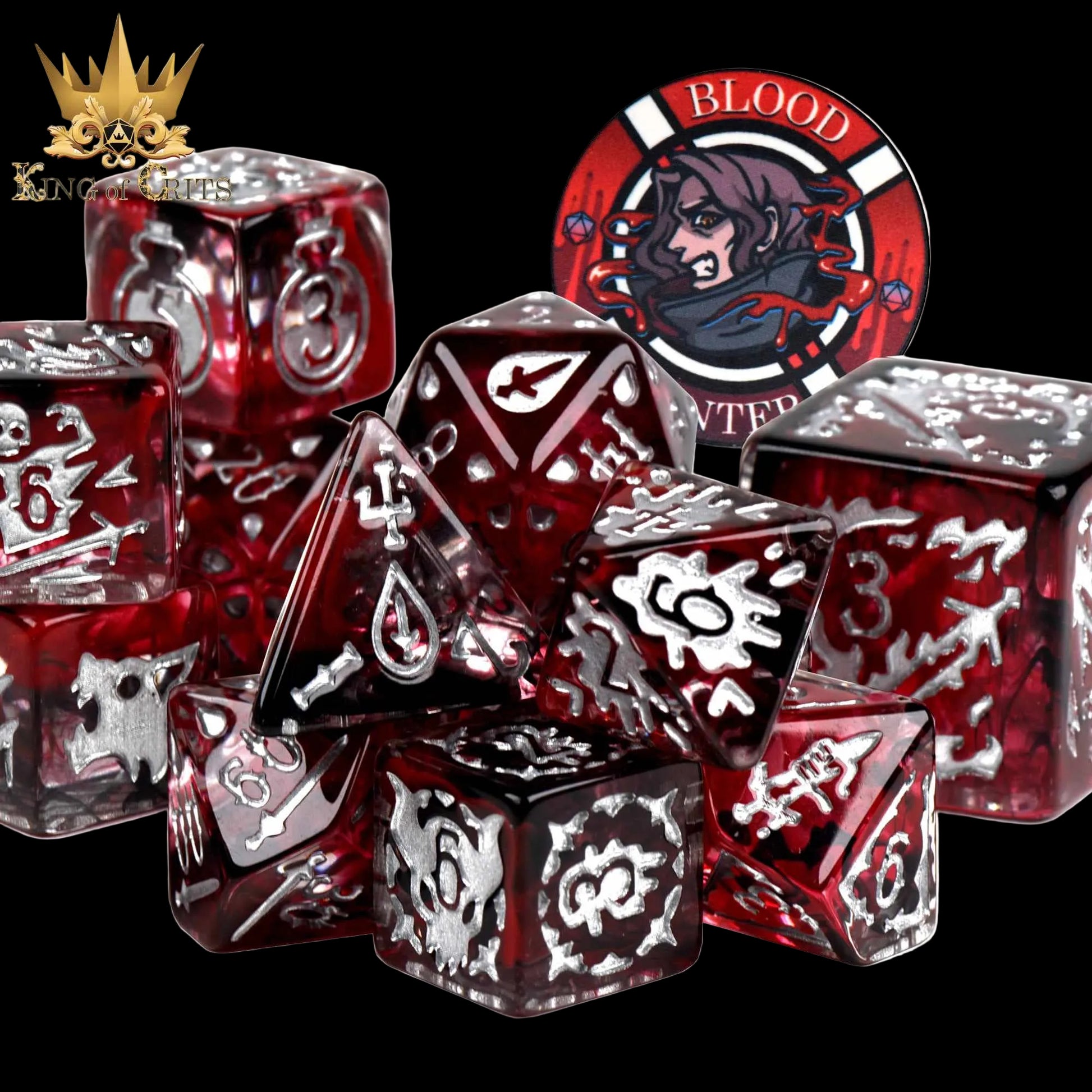 Red and black dice set with intricate designs on a black background, featuring the King of Crits logo.