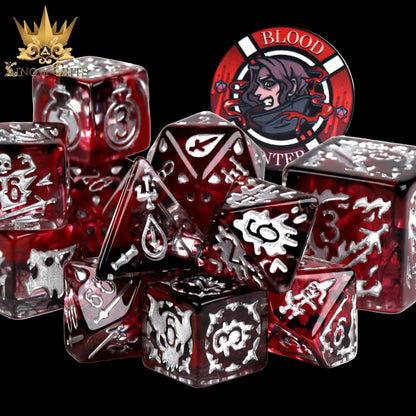 Red and black dice set with intricate designs on a black background, featuring the King of Crits logo.