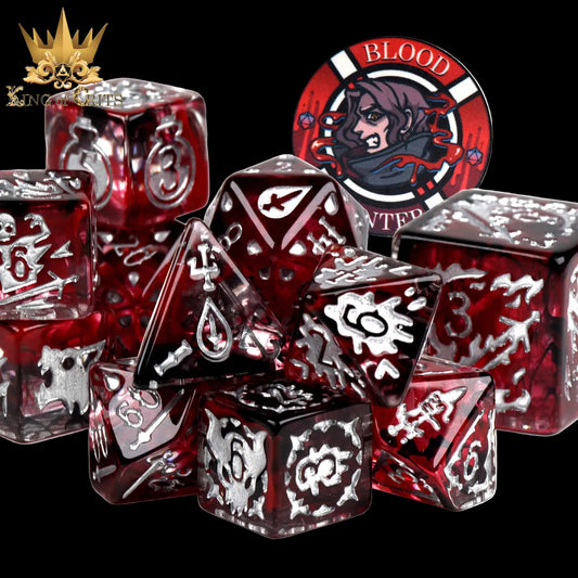 Red and black dice set with intricate designs on a black background, featuring the King of Crits logo.