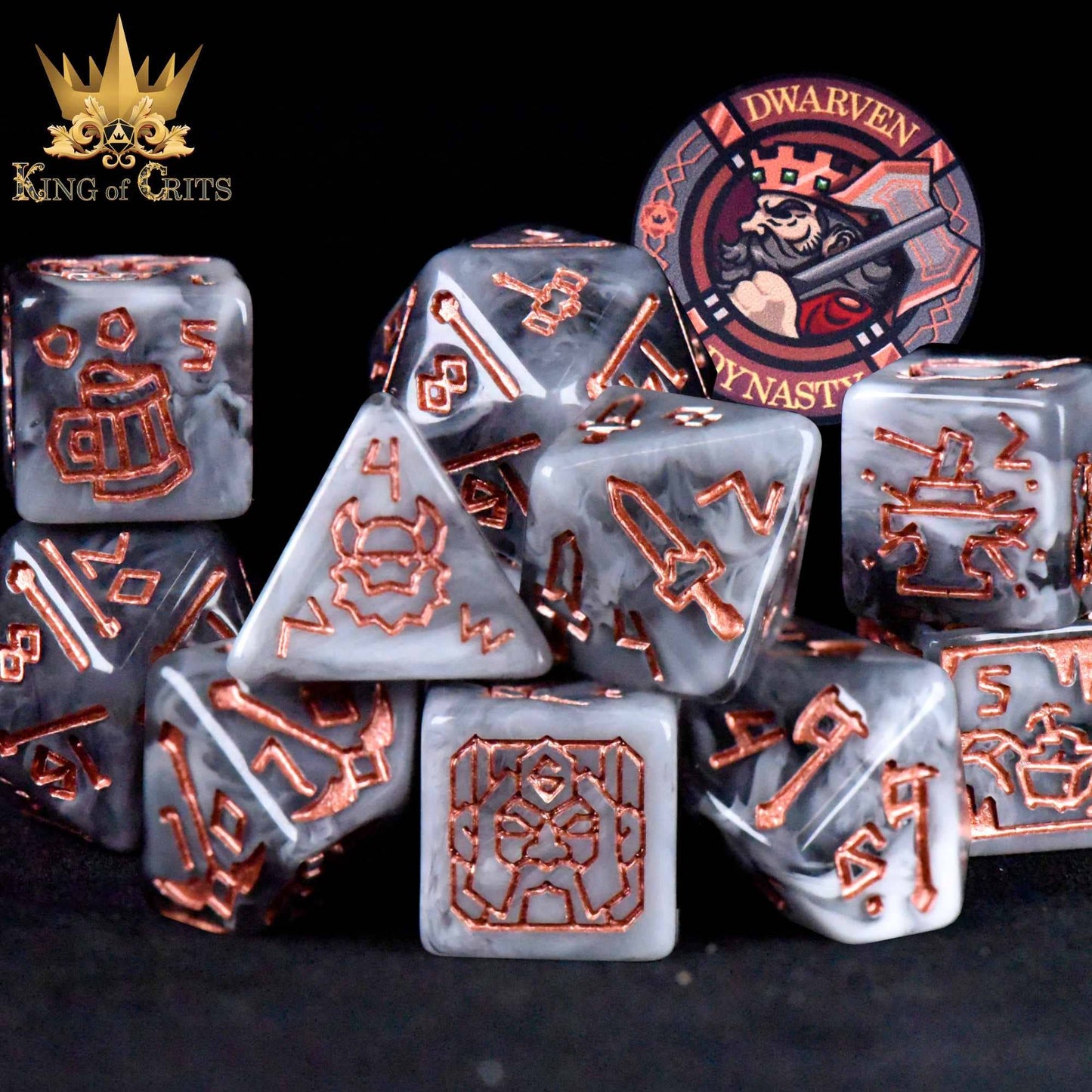 "DWARFEN DYNASTY" - GREY AND COPPER DICE SET - KING OF CRITS ORIGINAL