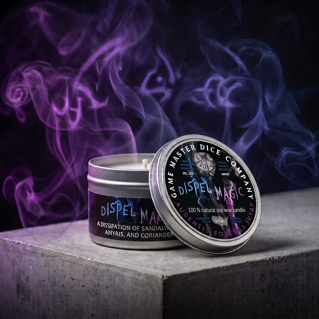 A silver tin of 'Dispel Magic' scented wax candle by The Game Master Dice Company, shown with its lid leaning against the front. The candle is set on a gray concrete block with dramatic purple and blue smoke swirling in the background against a dark backdrop.