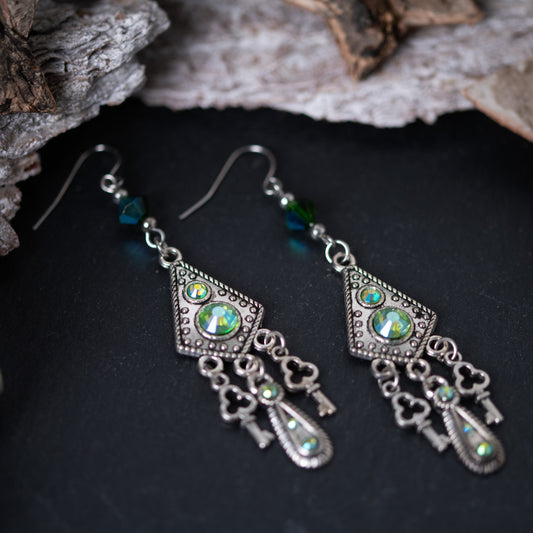 “CRYSTAL KEYS” – CHANDELIER EARRINGS - ANTIQUE SILVER