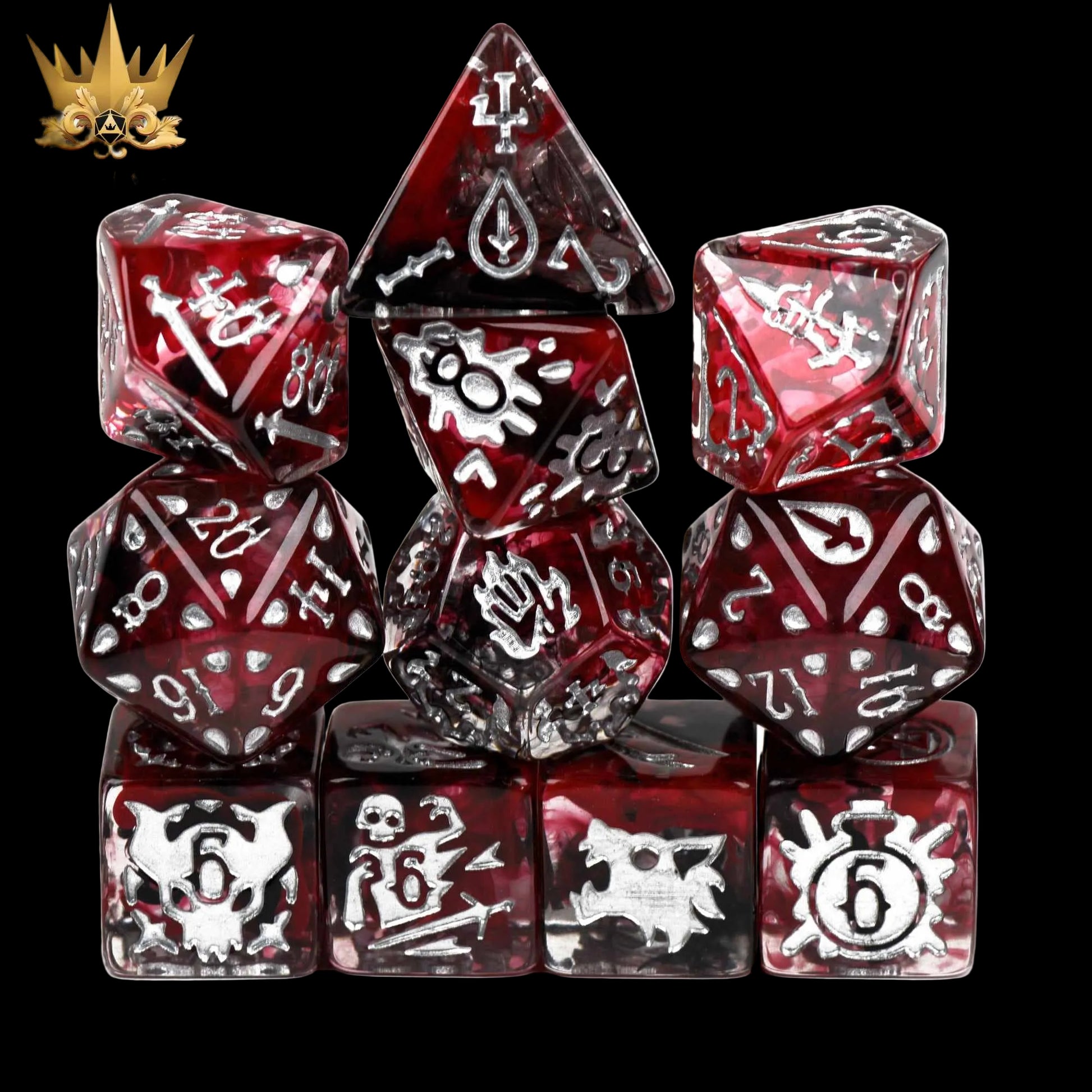 Set of red and black dice with intricate designs on a black background, featuring the 'King of Crits' logo.